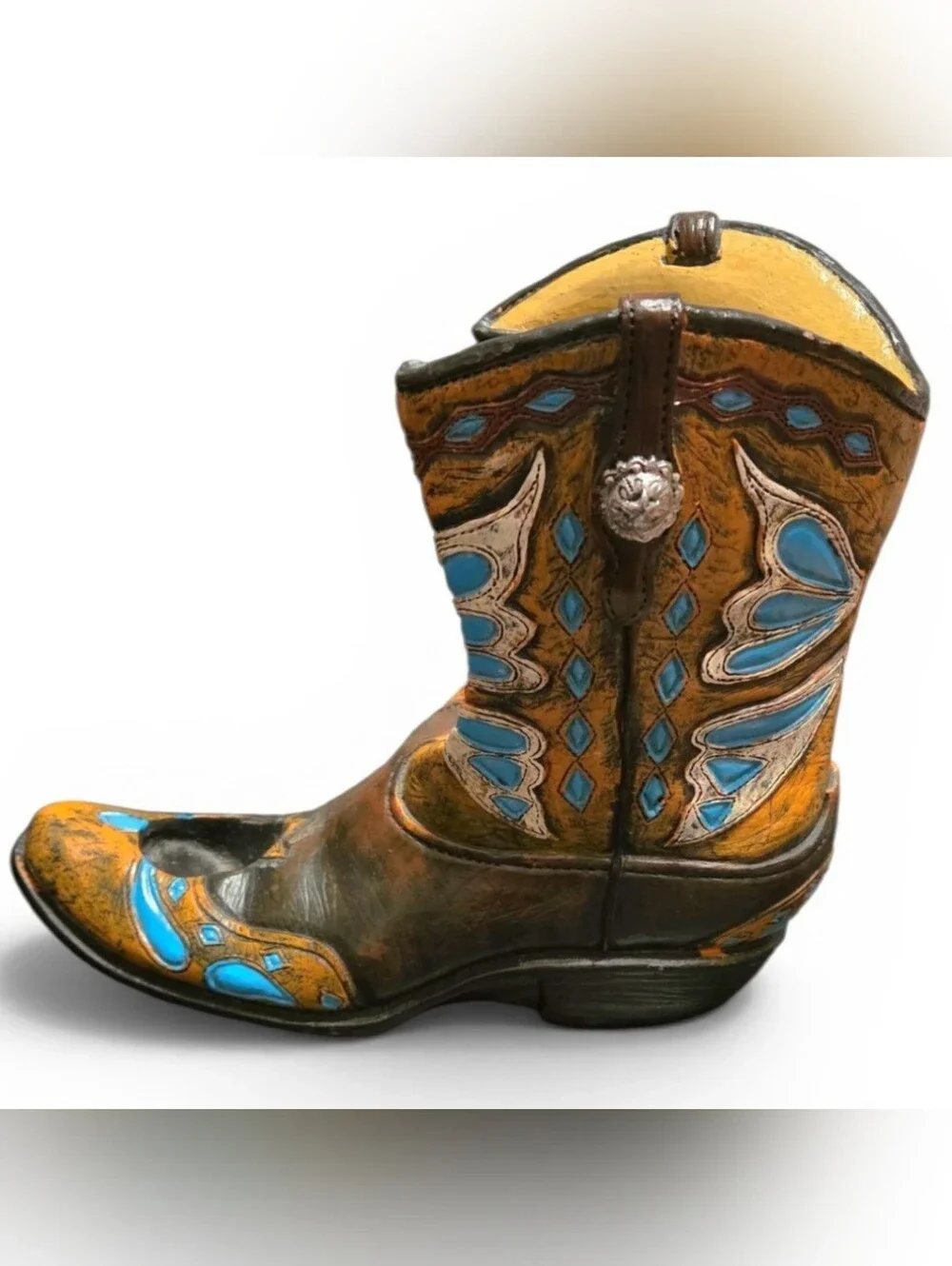 Decorative Country Western Boot Wine Bottle Holder Resin w Inlaid Turquoise